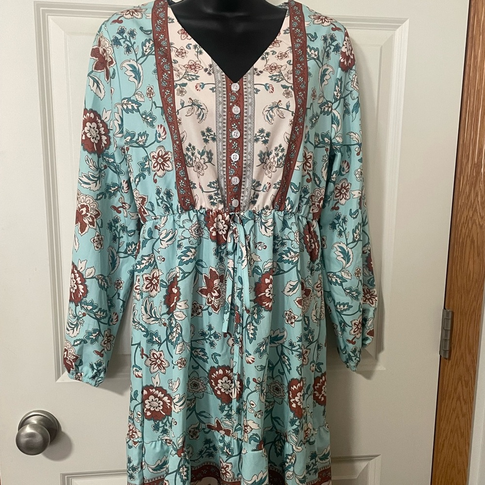Floral Drawstring Boho Dress in Aqua and Rust